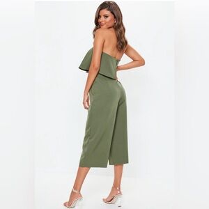 Strapless jumpsuit. Olive green, size US 6, wide leg with back zipper.